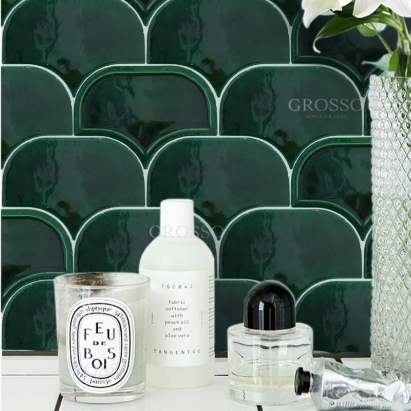 Dark Rreen Fan shaped Tile kitchen Bathroom Backsplash Kitchen Mosaic Wall Handmade Tiles 9 Dark green Fan shaped handmade tile 2