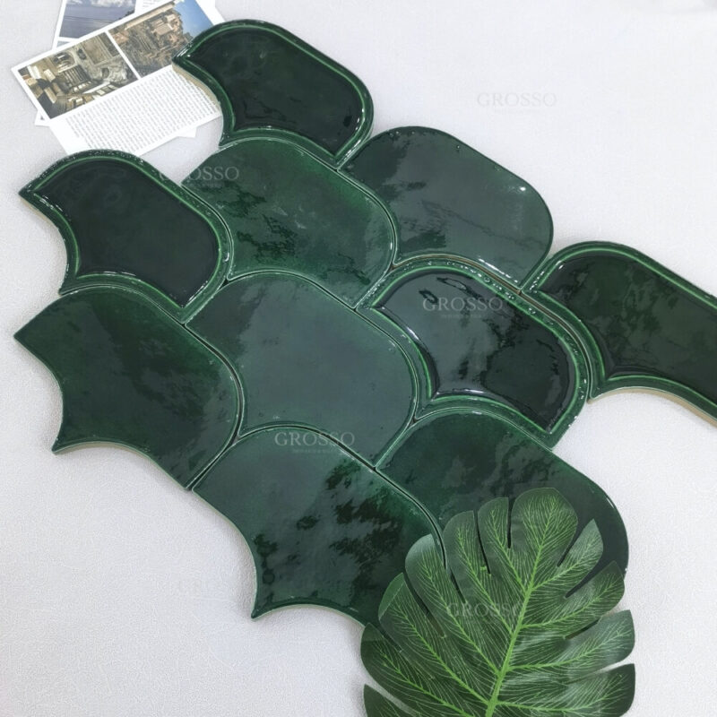 Dark Rreen Fan shaped Tile kitchen Bathroom Backsplash Kitchen Mosaic Wall Handmade Tiles 10 Dark green Fan shaped handmade tile 3