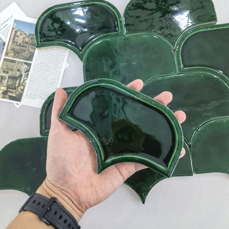 Dark Rreen Fan shaped Tile kitchen Bathroom Backsplash Kitchen Mosaic Wall Handmade Tiles 13 Dark green Fan shaped handmade tile 6