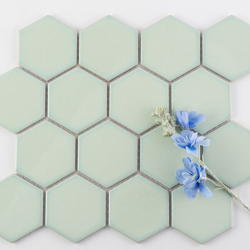 Crystal White Glazed Glossy Mesh Mounted Porcelain Hexagon Mosaic Tile 23 Hexagon sharp green color matte finished porcelain mosaic tile for kitchen